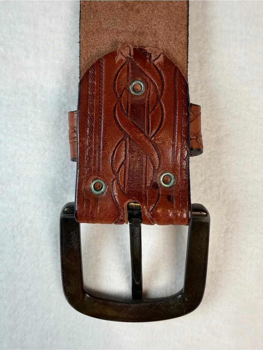 Vintage Hand Tooled Brown Leather Belt Celtic Braid Brass Buckle 29-34”